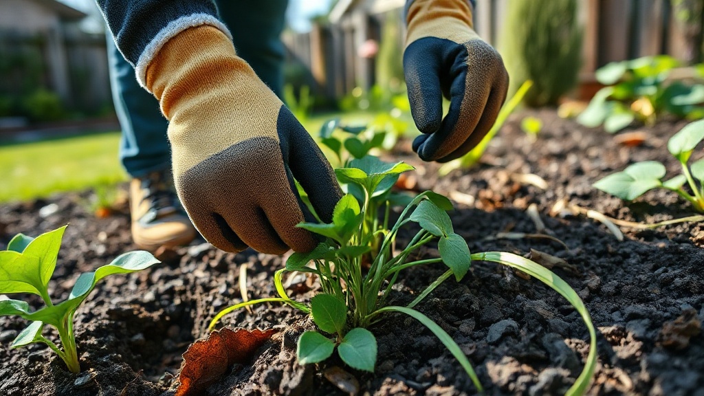 Hand-pulling weeds in garden bed, natural weed control.
