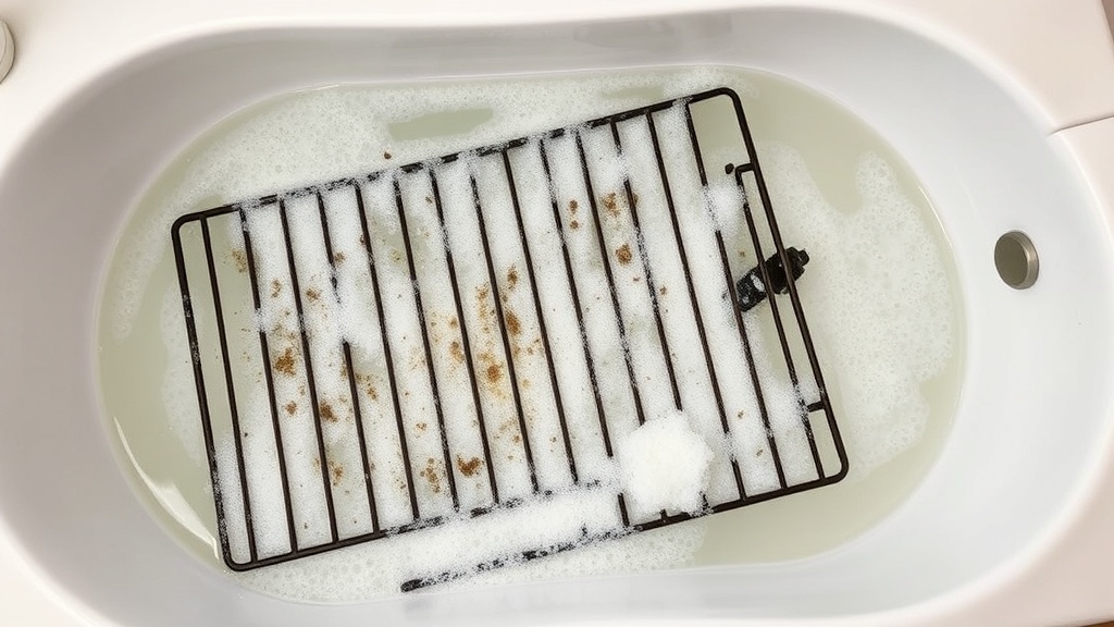 Oven racks soaking in bathtub with cleaning solution.