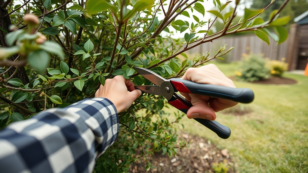 Pruning overgrown shrub with hand shears, backyard shaping.