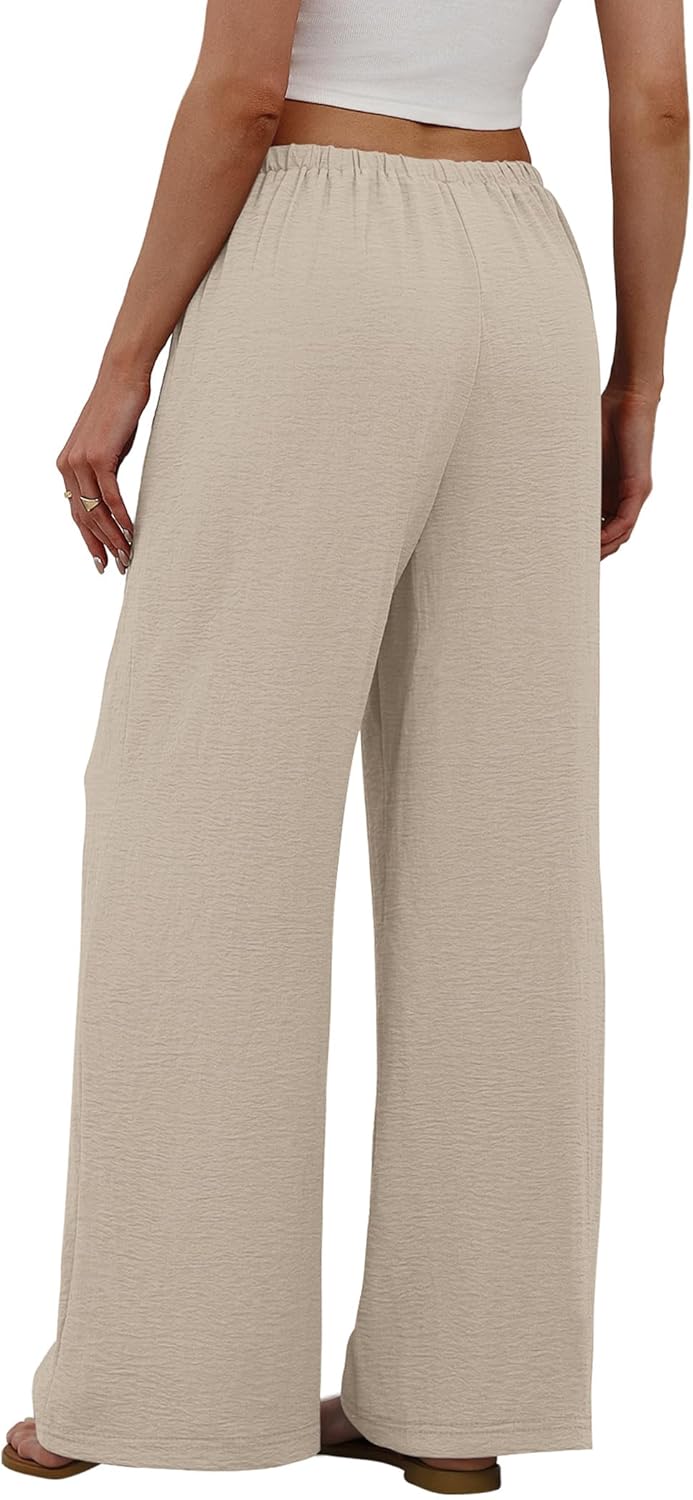 Sampeel Wide Leg Pants for Women Flowy Palazzo Drawstring Elastic Waist Trousers with Pockets Summer Beach Vacation Clothes