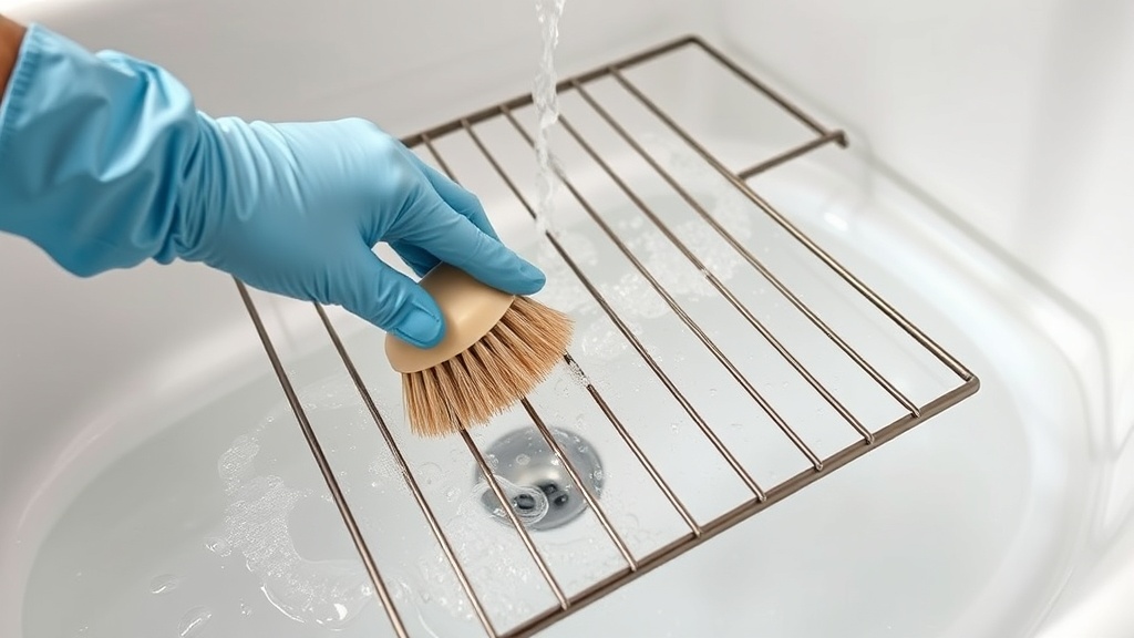 Scrubbing oven rack clean with brush in a bathtub.