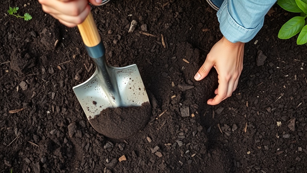 Turning soil with shovel, adding compost for free soil prep.