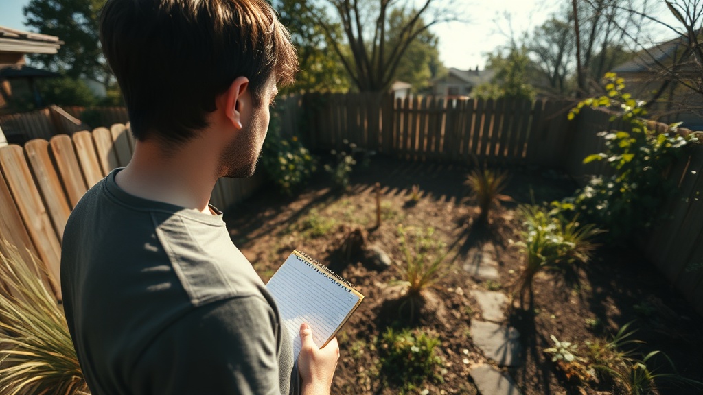 Woman assesses overgrown backyard, noting problem areas.